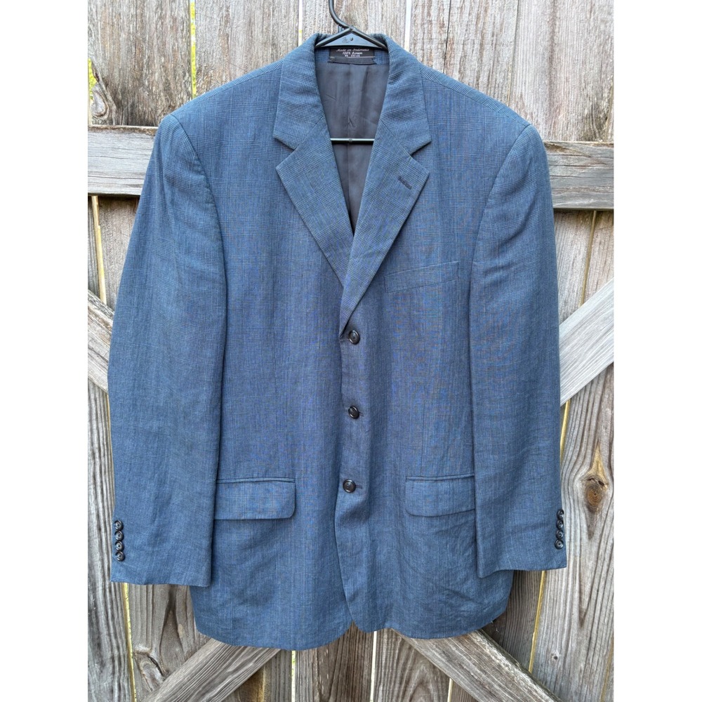 Haspel Men 40R Blue Glen Plaid 100% Linen 3-Button Sport Coat Blazer Y2K Vintage